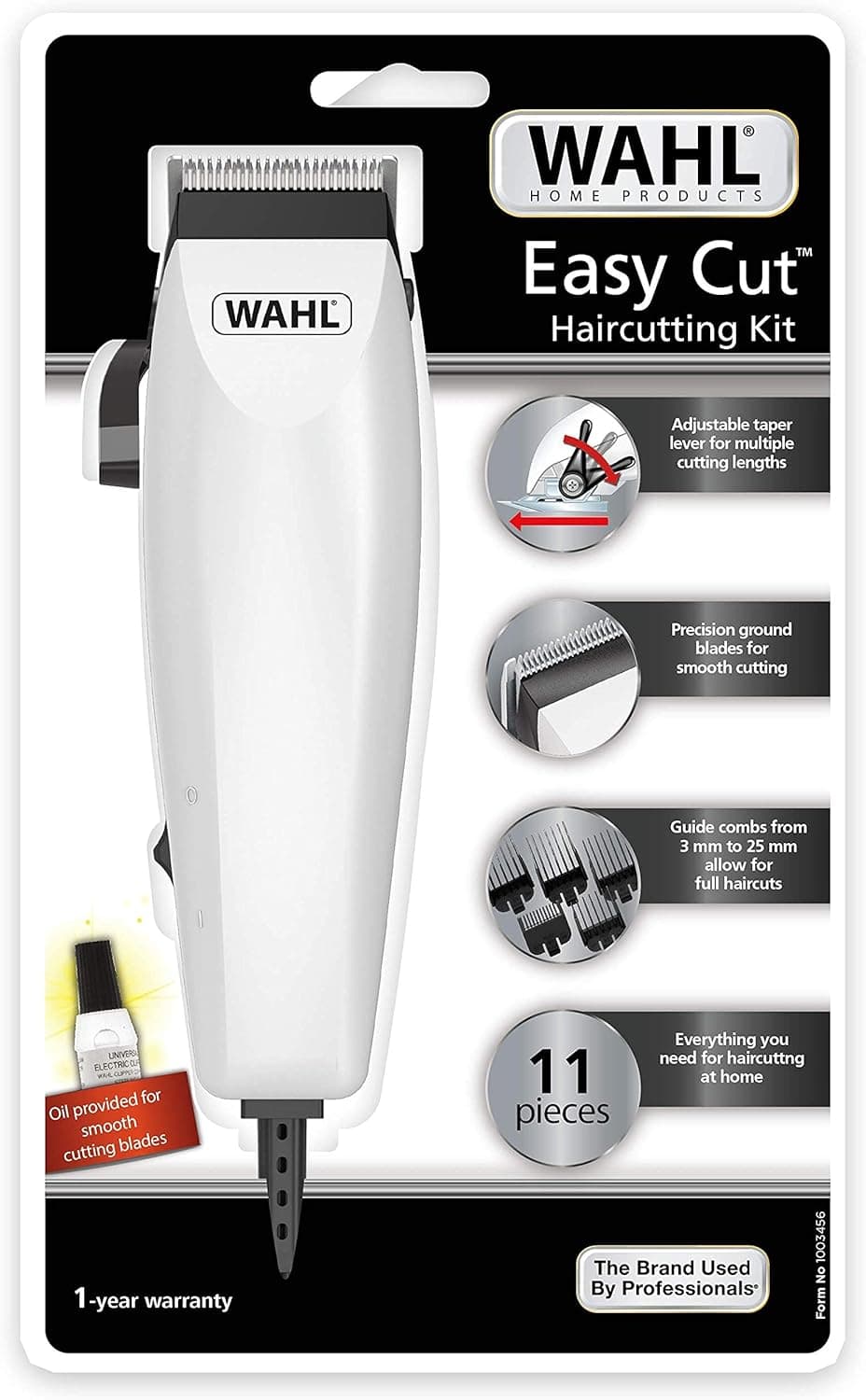 WAHL Easy Cut 11-piece complete hair clipper kit, Self-sharpening Blades Hair Cutting Kit, Adjustable taper lever for multiple cutting lengths,6 Guide Combs, White, 09314-3327