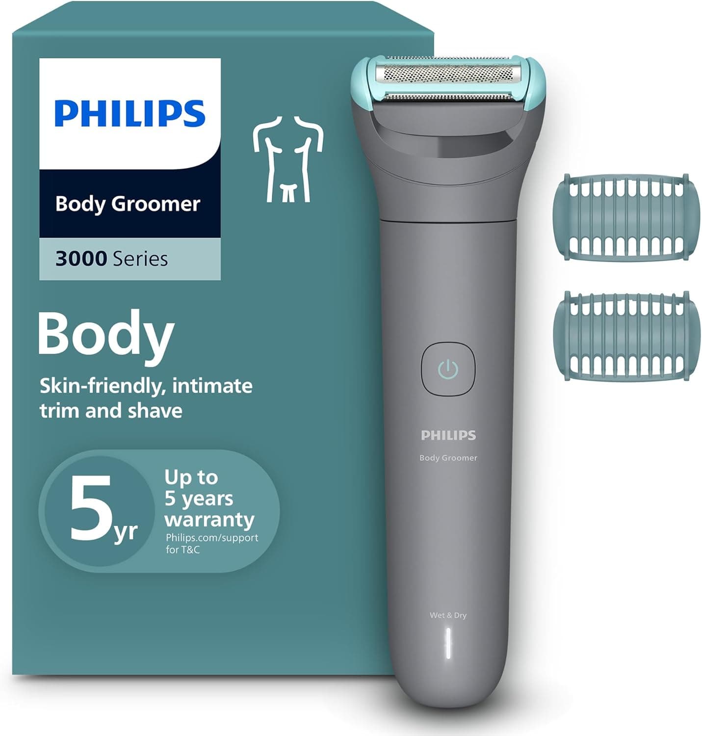 Philips Body Groomer BG3480/15 | Trim & shave body hair | 100% showerproof | Skin-friendly | 2 & 3 mm combs | Up to 80 min cordless | Battery indicator | USB charging