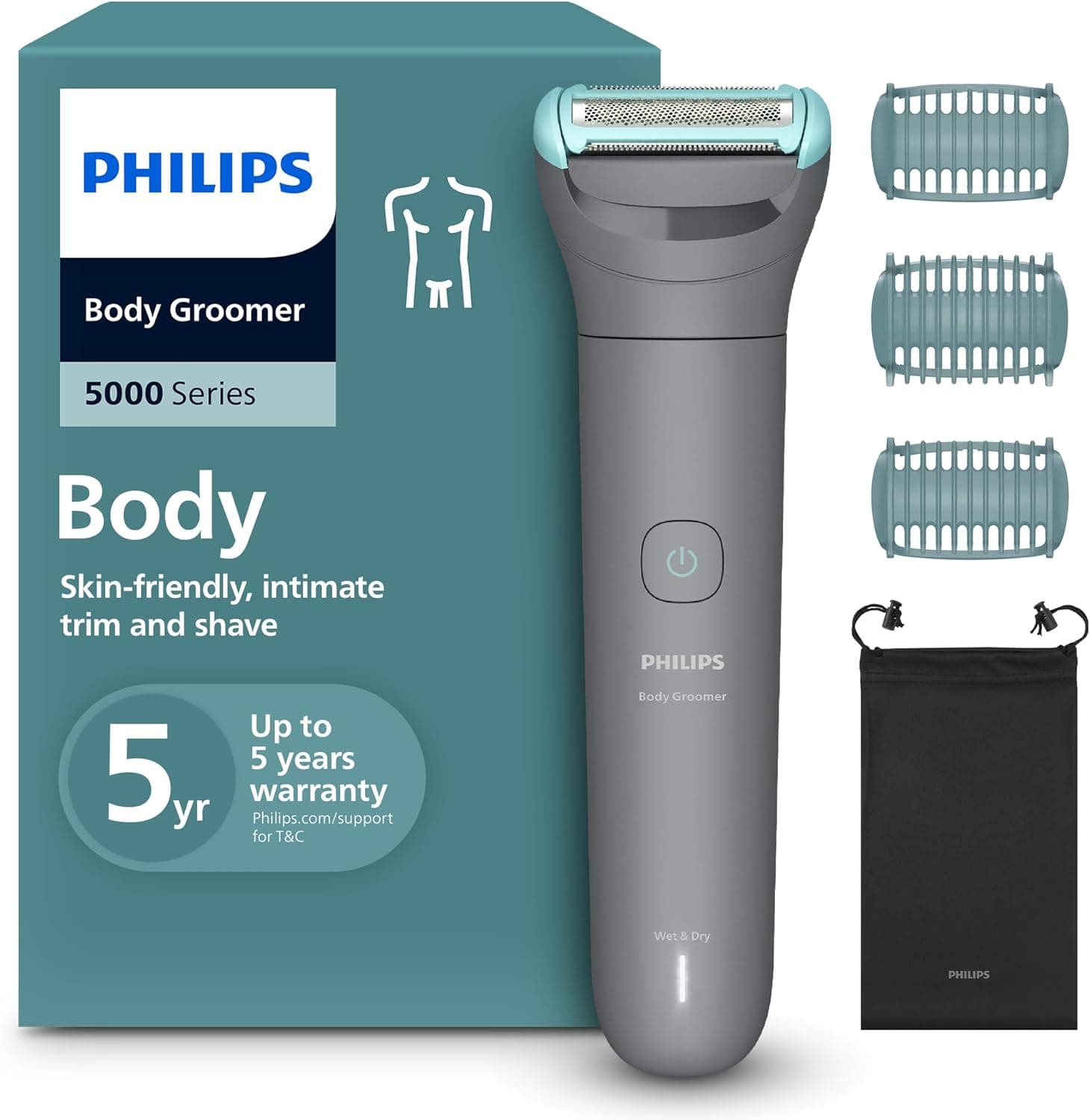 Philips Body Groomer BG3485/15 | Trim & shave body hair | 100% showerproof | Close, skin-comfort results | 2/3/5 mm combs | Up to 80 min cordless | Battery indicator | USB charging | Easy to clean