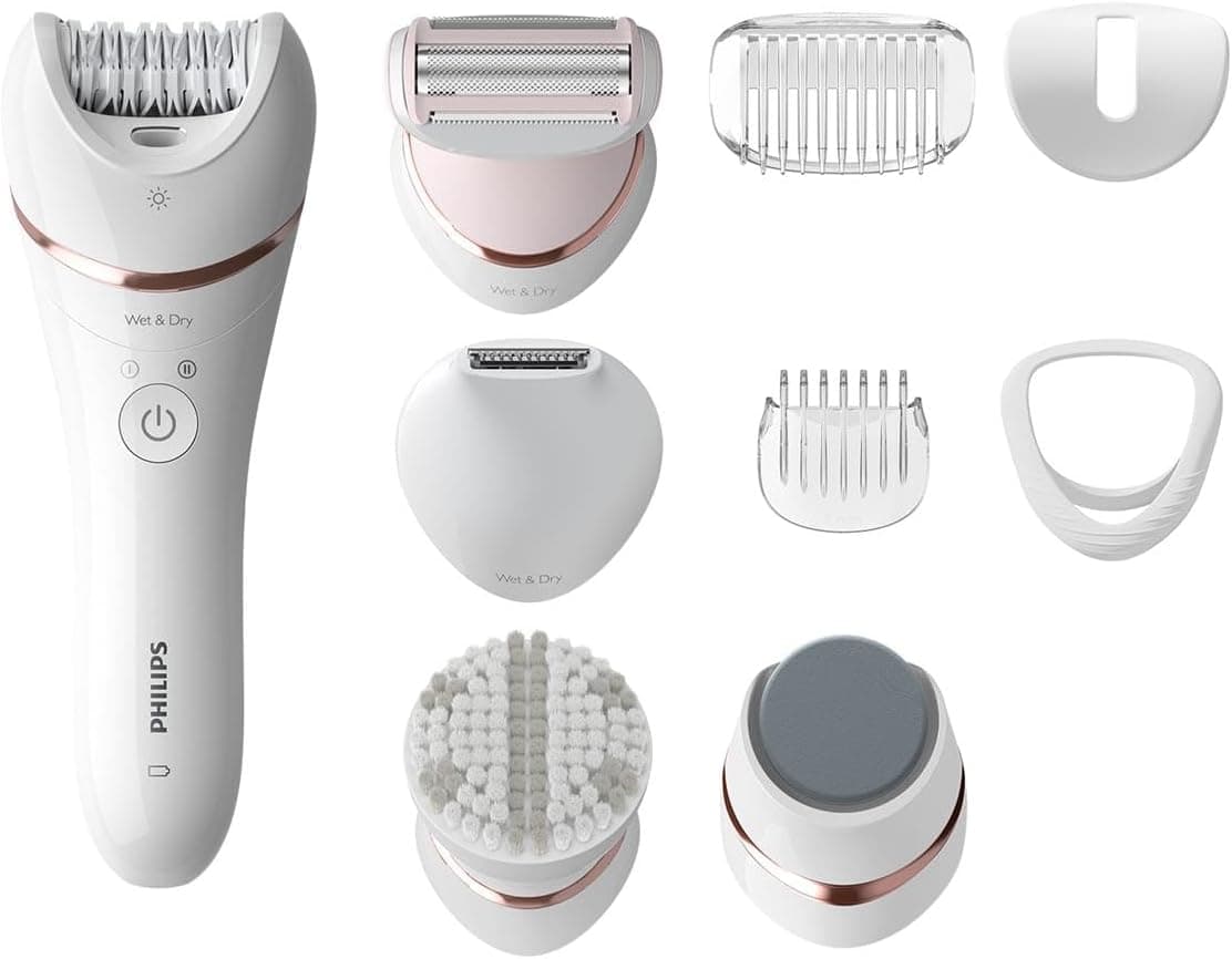 Philips Series 8000 Epilator, Wet And Dry Cordless Hair Removal And Skin Care System, For Legs, Body With 9 Accessories Including Shaver Head And Pedicure Foot File Bre740/11, White