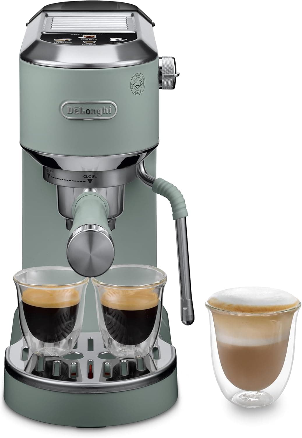 De'Longhi Dedica Duo EC890.GR, Barista Coffee Machine with Pump, Espresso and Cold Brew, Manual Machine with LatteArt Steam Rod, 15 cm Wide, 2 Espresso, Touch Screen, Cup up to 13 cm, Green