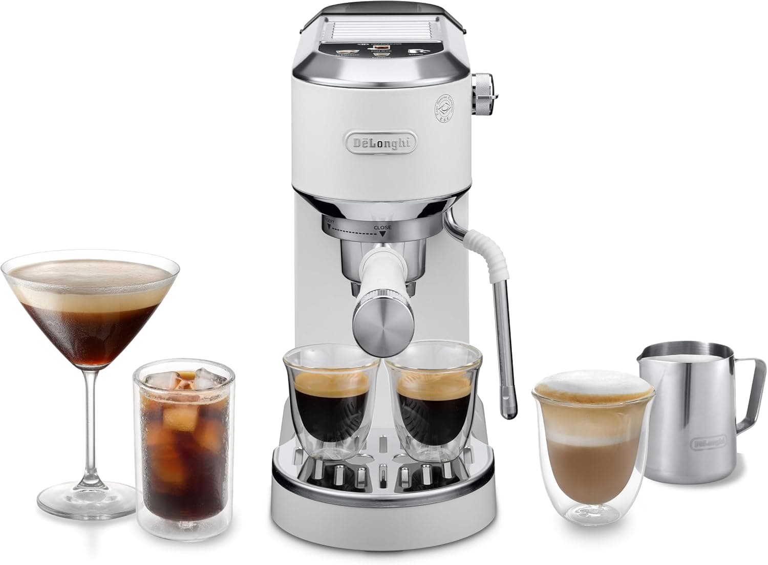 De'Longhi Dedica Duo EC890.WI Traditional Barista Pump Machine Espresso And Cold Brew Manual Coffee Machine with My LatteArt Steam Wand 15 cm Wide 2 Espresso Touch Display Mug up to 13cm White
