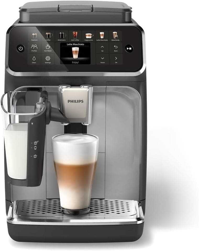 Philips Fully Automatic Coffee Machine Series 4400-12 Beverages, LatteGo, SilentBrew, Intuitive Display, 2 User Profiles, 12 Settings for Ceramic Grinder, Black Silver - EP4446/70