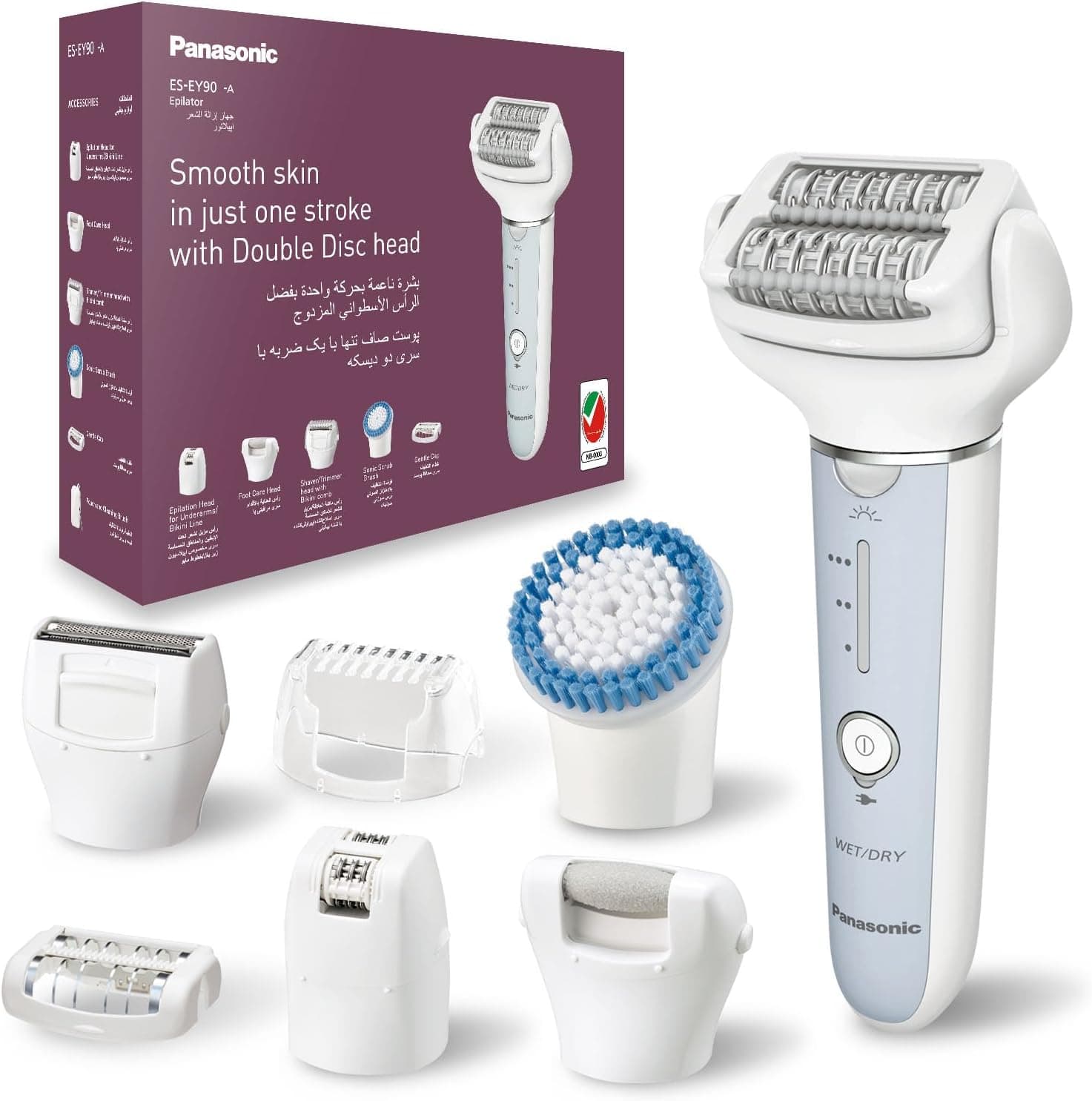Panasonic ES-EY90 Wet and Dry Epilator for women, Double Disc with 60 Tweezers, Flexible 90° Pivoting Head, 3 Speed Setting & LED Light, Up to 30 Minutes Operation Time, 8 attachments