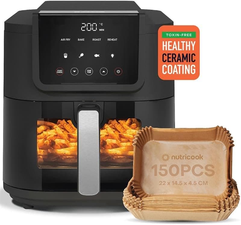 Nutricook Air Fryer Slim, 5L, 1KGs, Large Basket, Space-Saving Slim Design, Air Fry, Bake, Reheat, with 5 Presets, Clear Window & Light, AFS100, Black, 1500 Watts, 2 Years Warranty