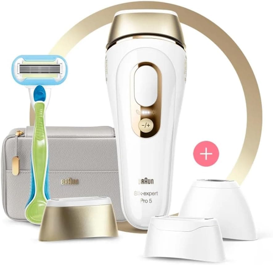 Braun Silk·expert Pro 5, At-Home Laser, IPL Hair Removal Device, Permanent Visible Hair Removal, 1 Standard & 1 Precision & 1 Wide Head & Venus Razor, Gift for Women, PL5257, White/Gold