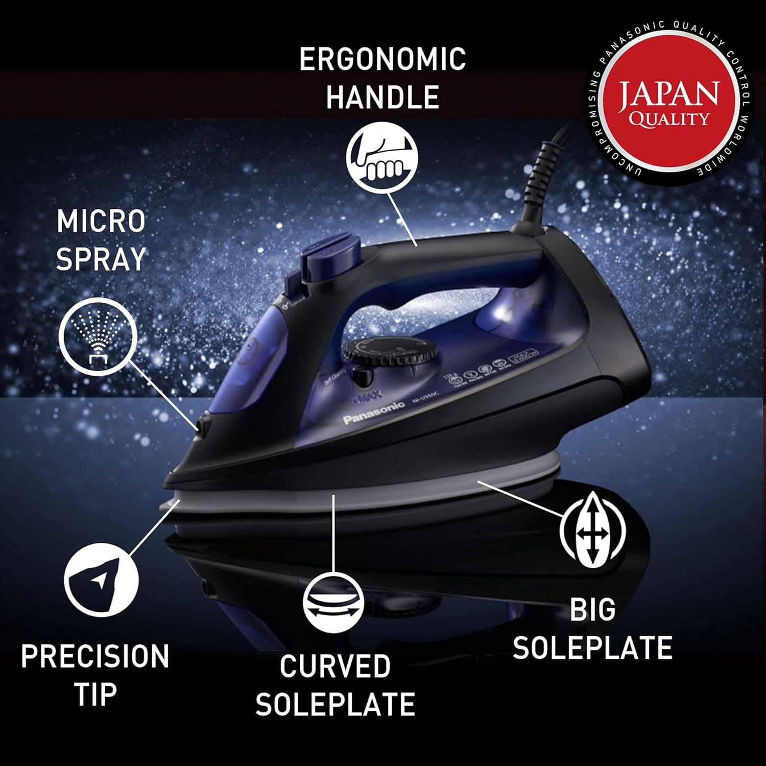 Panasonic Steam Iron, 2400W, NI-JU700, Black / Gold, Big Ceramic Soleplate,